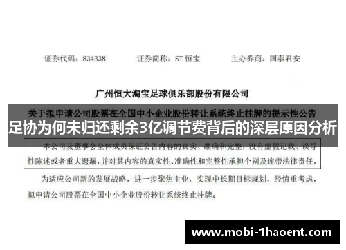 足协为何未归还剩余3亿调节费背后的深层原因分析 足协为何未归还剩余3亿调节费背后的深层原因分析